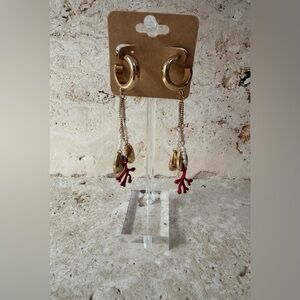 | Gold Tone Coastal Statement Earrings | Red Coral, Pearls & Seashell Details